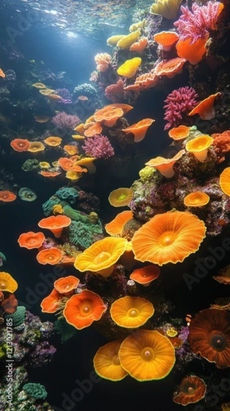 Fototapeta Vibrant Underwater Coral Reef: A Symphony of Colors and Shapes in the Ocean Depths, Showcasing Diverse Marine Life with Intricate Structures. Explore the beauty of aquatic ecosystems!