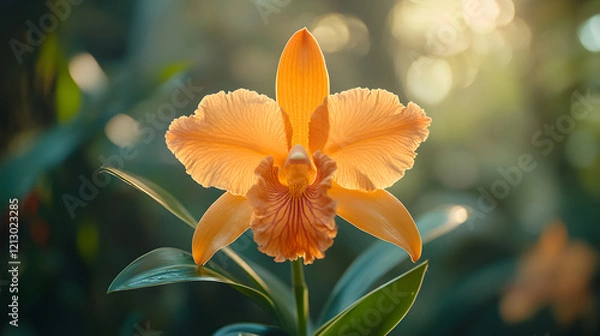 Obraz A bold orange orchid illuminated by golden light, with a blurred jungle background of soft green hues, during an early morning
