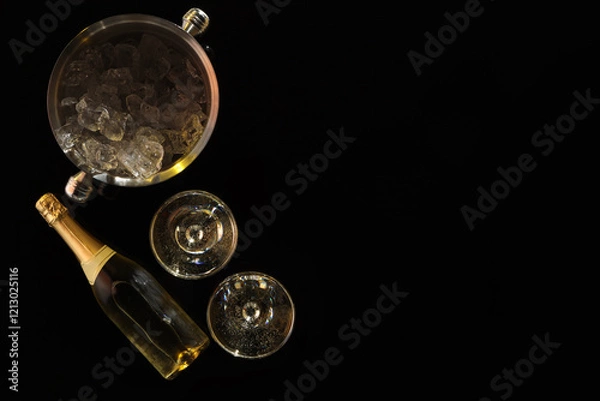 Fototapeta Bottle of sparkling wine, glasses and cooler bucket on black table, flat lay. Space for text
