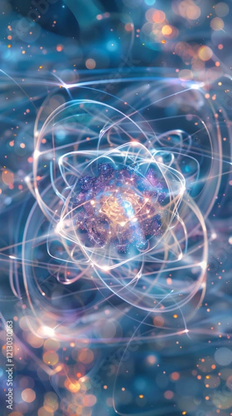 Fototapeta Intricate Artistic Representation of an Atomic Nucleus Highlighting Electron Orbits and Nuclear Particles