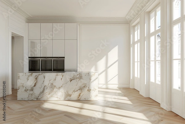 Obraz Modern minimalist kitchen interior with marble details, large windows allowing natural light, blank wall on the left for mockup purposes, soft color palette, sleek appliances, clean li. generative ai.