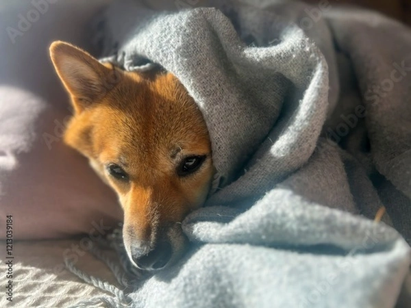 Fototapeta Pensive Shiba Inu with a sorrowful expression, head nestled under a blanket. The mood is reflective and contemplative. High quality close-up photo. copy space available.