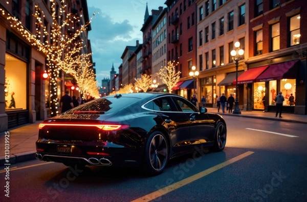 Fototapeta A black business class car stands on a street full of burning garlands in the evening. Expensive vacation concept.