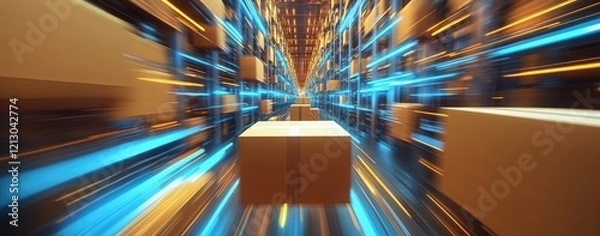 Fototapeta 3D rendering of cardboard boxes moving on a blurred background with a warehouse, and blue and yellow light streaks. Concept for a fast delivery service or logistics shipping system technology.