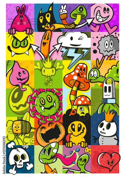 Fototapeta This artwork features a collage of whimsical cartoon characters displayed in bright colors and playful patterns. Various quirky and expressive designs capture imagination and fun.