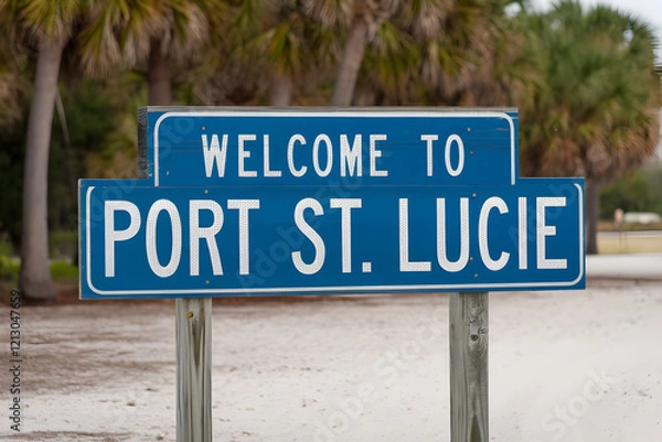 Fototapeta Welcome to Port St. Lucie Florida Wooden Sign with Rustic Charm and Coastal Vibes