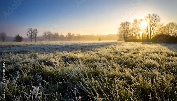 Obraz Frost-covered meadow at sunrise, with golden light illuminating the grass and bare trees in a tranquil winter scene