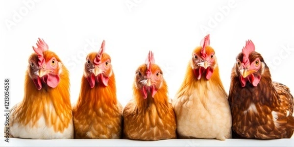 Fototapeta Portrait of Funny Chickens. Closeup of Chickens from a Farm, Isolated on White Background