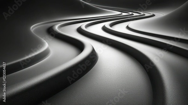 Fototapeta Wavy path through dark landscape, light in distance.