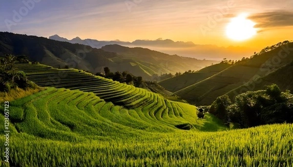 Obraz Golden sunlight illuminating lush green terraced rice fields with rolling hills and mountains in the background