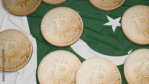 Obraz Several bitcoins are laid out on the flag of Pakistan