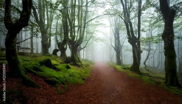 Obraz Misty forest trail surrounded by ancient trees with moss-covered roots and a serene atmosphere