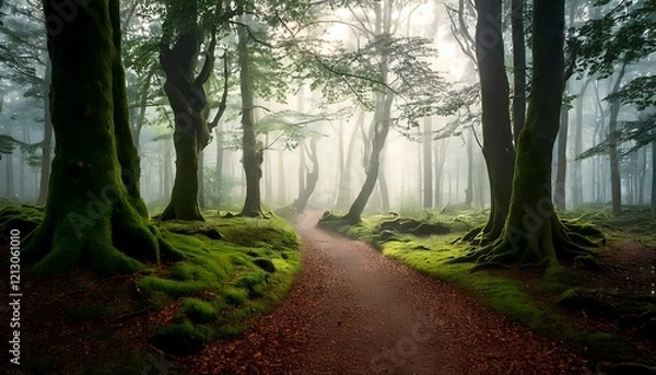 Obraz Mysterious woodland trail bathed in soft fog, creating a tranquil and atmospheric natural scene