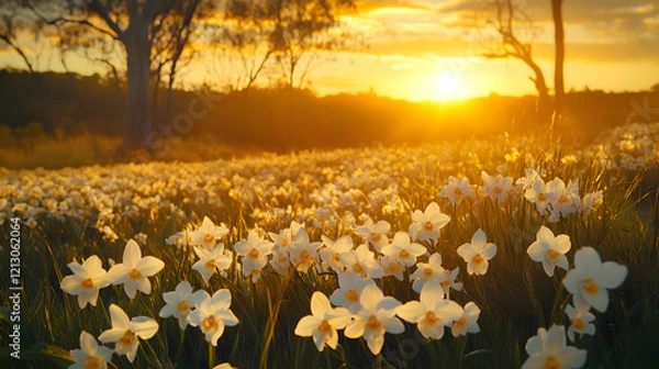 Obraz A field of wild orchids swaying gently in the wind, with a sunset casting golden hues across the horizon, during an idyllic evening
