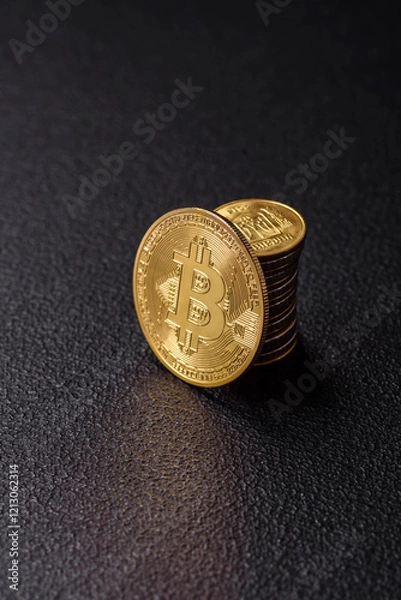 Fototapeta Bitcoin as a metal round coin on a dark background. Cryptocurrency