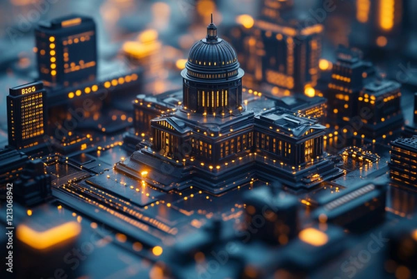 Obraz "B2G" in gold and navy with minimalist government buildings, documents, and legal symbols. Bright lighting, contrast