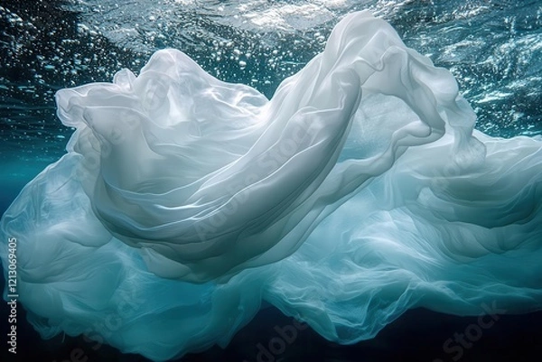 Fototapeta floating fabric in ethereal blue water bubbles dancing around flowing textiles soft underwater lighting creates dreamy atmosphere