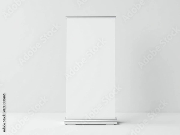 Fototapeta Blank roll-up banner mockup in a bright, minimalist interior with plants. Ideal for presentations or advertising.