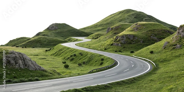 Fototapeta Winding Road Through Green Hills: A scenic asphalt road curves gracefully through rolling green hills, offering a captivating view of nature's beauty and a sense of adventure.