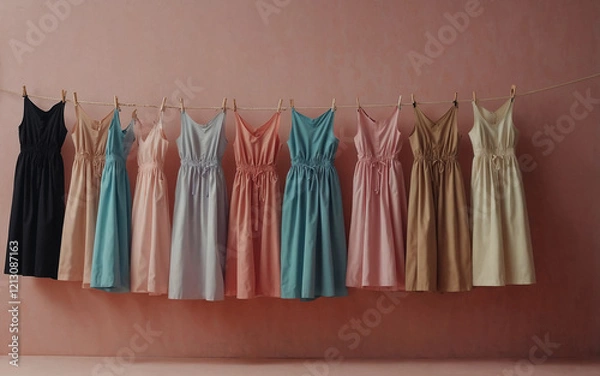 Fototapeta Fashion skirts and dress hanging on a rope clipped with pegs. On trendy pastel pink background. Expensive trendy clothes funny idea. Minimal abstract fashion concept.