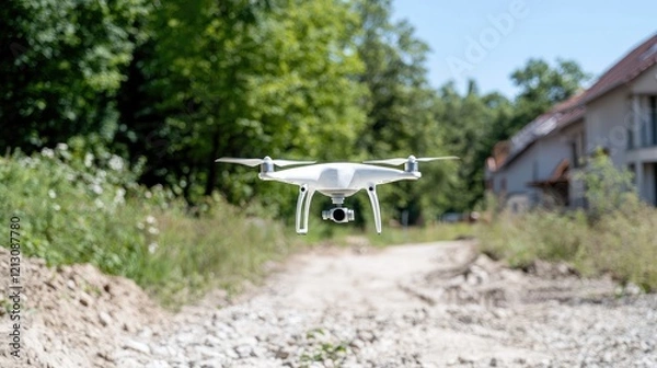 Fototapeta Drone aerial photography, construction site, suburban area, home building