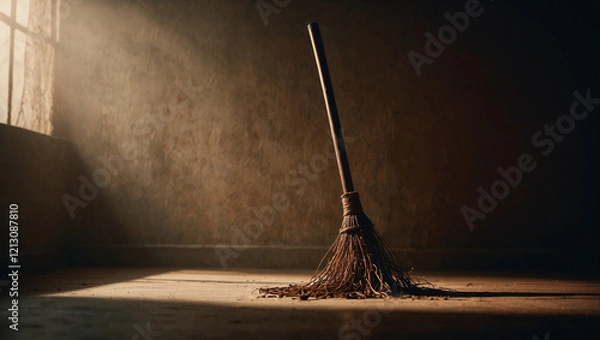 Fototapeta Witch broomstick casting shadow on two colors dark background. Minimal abstract Halloween and horror concept.	