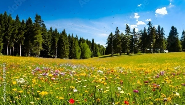 Obraz Idyllic meadow with colorful wildflowers and tall trees against a bright blue sky