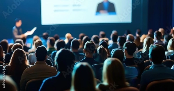 Fototapeta Un groupe de personnes assises dans un auditorium ou une salle de conférence écoutant un intervenant réalisant une présentation sur un écran géant.