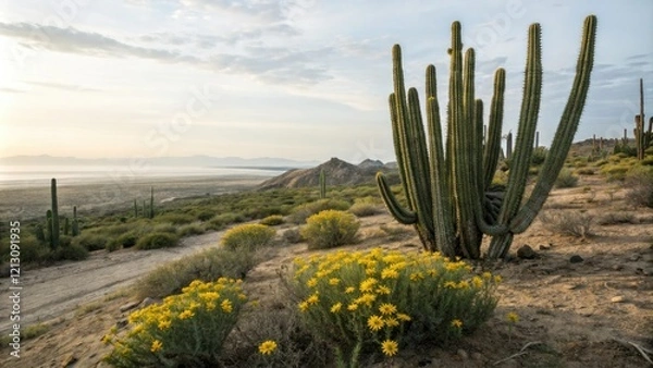 Fototapeta A stunning landscape featuring a cluster of tall cacti with vibrant yellow flowers in the foreground, plant stack, natural beauty, cactus blooms