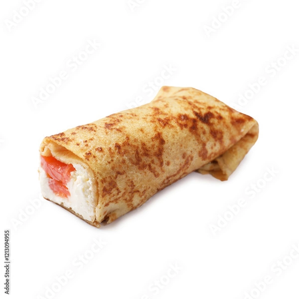 Fototapeta Delicious crepe with salmon and cream cheese isolated on white