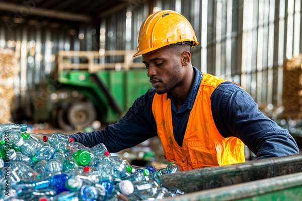 Obraz The image shows a person wearing a yellow hard hat and an orange safety vest, handling a pile of plastic bottles in what appears to be a recycling facility