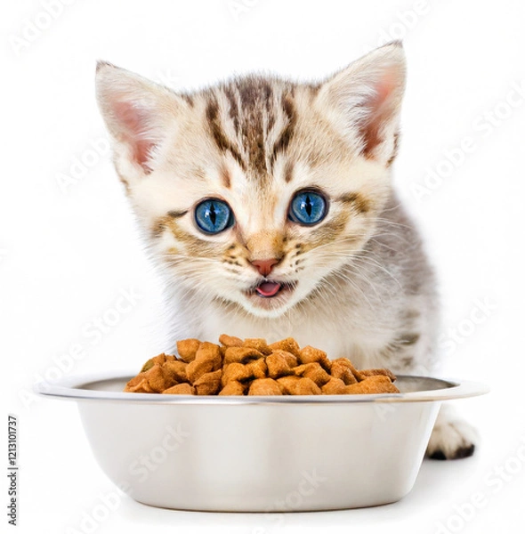 Obraz Blue-eyed kitten. Cute kitten and bowl of food isolated on white background. Small tabby white-haired cat with stainless steel bowl of granulated food.