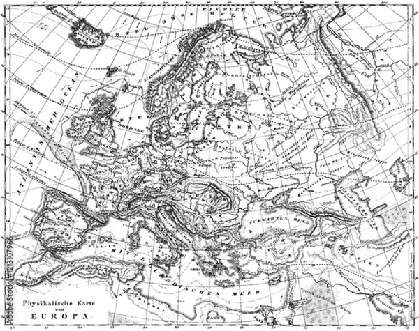 Fototapeta Old geographical map. Vintage map engraving. Physical map of European contries. Top view map. World map set, cartography, geography, travel, navigation.
