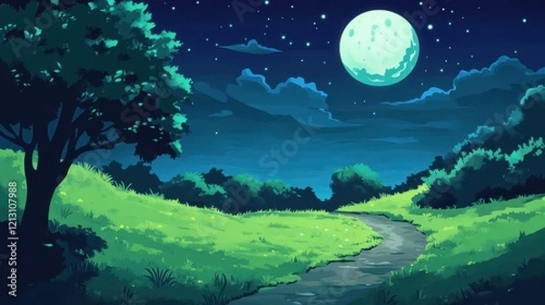 Fototapeta Serene Nighttime Landscape With Winding Path And Full Moon