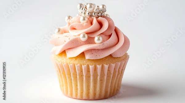 Fototapeta Pink cupcake adorned with a pearl crown and frosting swirls. A delightful treat for any occasion.