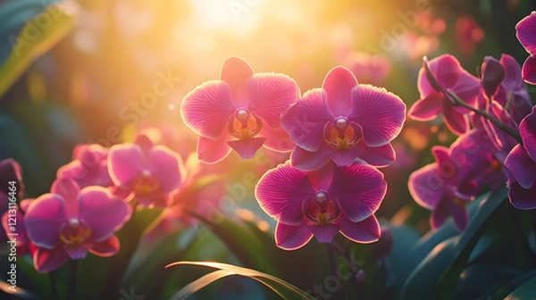 Obraz A cluster of pink and purple orchids thriving in a hanging garden, with a gentle breeze swaying their petals, during a bright afternoon