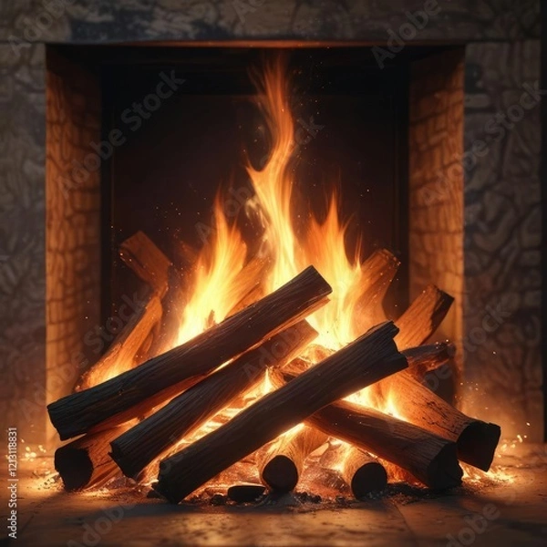 Fototapeta An abstract fire in a fireplace with sparks radiating outwards, creating a warm and inviting atmosphere, fireplace sparks, cozy ambiance, soft focus