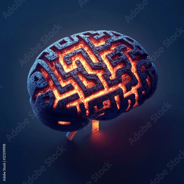 Fototapeta A creative visualization of a brain constructed as a maze with illuminated neural pathways