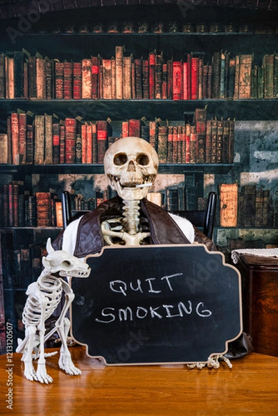 Obraz vertical skeleton smoking cigarette holding quit smoking sign with skeleton dog in old library