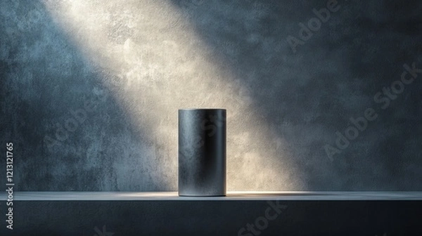 Fototapeta A studio setting showcasing a 3D cylinder display stand on a shelf, with a textured grey cement background, illuminated by light and shadow; designed for promotions, sales, or product presentations