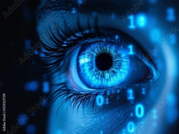 Obraz Close-up of a blue digital eye with binary code reflections, symbolizing technology and vision.