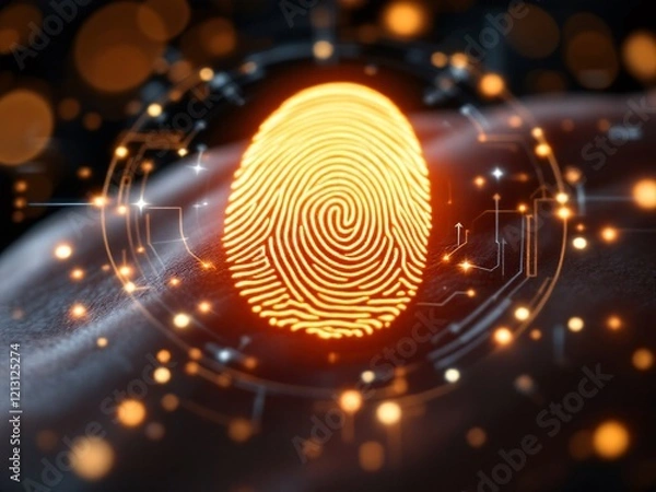 Fototapeta Futuristic fingerprint scanner with glowing neon lights on digital circuit