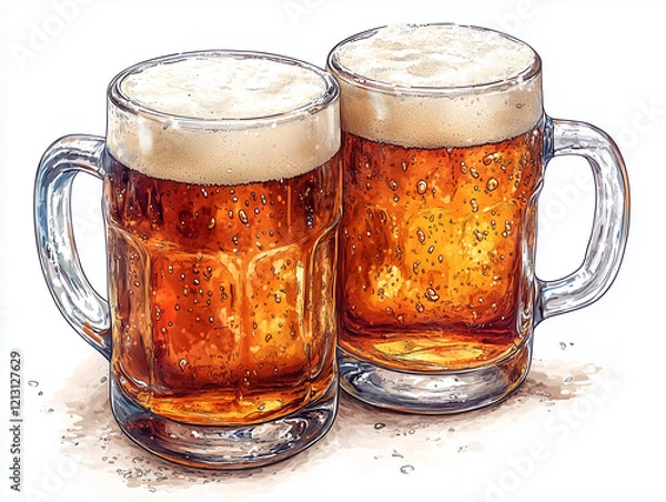 Fototapeta beer cheers vector. Two toasting beer mugs, Cheers. Clinking glass tankards full of beer and splashed foam. Cartoon style. Isolated on white background. Design for banner, poster, greeting cards.