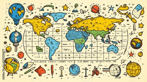 Obraz A playful hand-drawn world map surrounded by colorful globes and whimsical illustrations celebrating geography and exploration