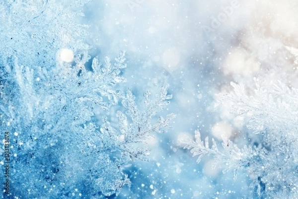 Fototapeta Frosty Winter Branches, Snowfall, Blurred Background, Holiday Card