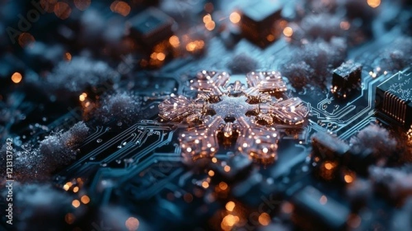Fototapeta Frozen Futuristic Harmony: Glowing Circuit Boards Encased in Ice, Blue and Silver Technological Fusion
