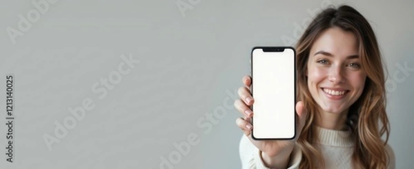 Fototapeta Cheerful woman displaying a blank smartphone screen mockup for banner or app design.