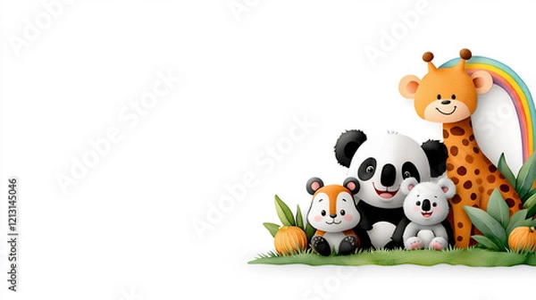 Fototapeta Happy Gathering of Cute Animals Enjoying a Sunny Afternoon in a Vibrant Green Setting