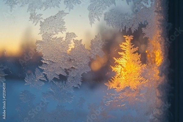 Fototapeta Frost patterns on window, sunset backdrop, winter scene