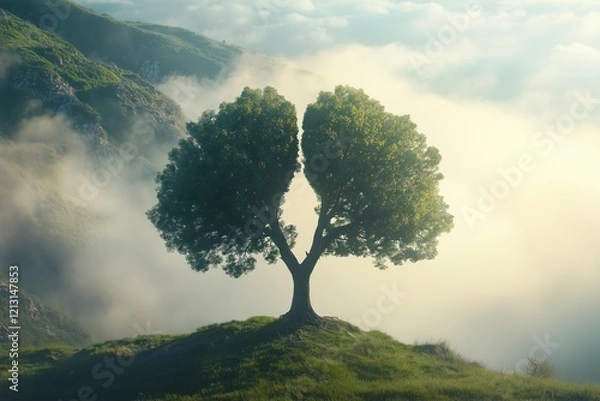 Fototapeta Tree with a crown shaped like lungs, standing alone in the mountains on a foggy morning. Trees that produce oxygen